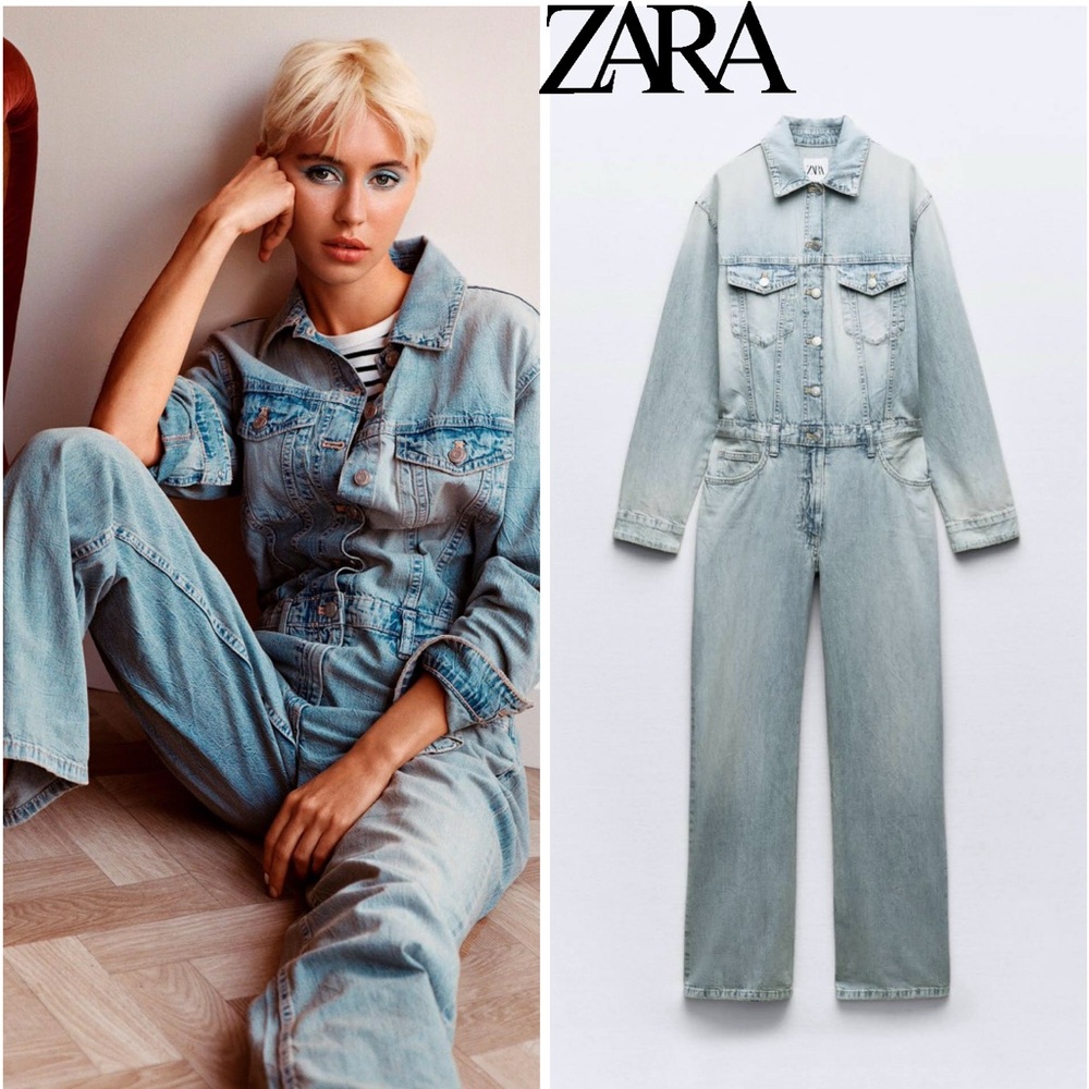 TRF STRAIGHT CUT DENIM JUMPSUIT bloggeres favorite - Picture 1 of 5
